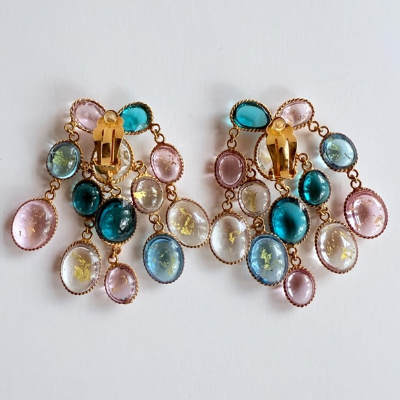 Vintage French Gripoix Poured Glass Chandelier Earrings Pink Blue Gold Leaf Foil - Picture 10 of 16